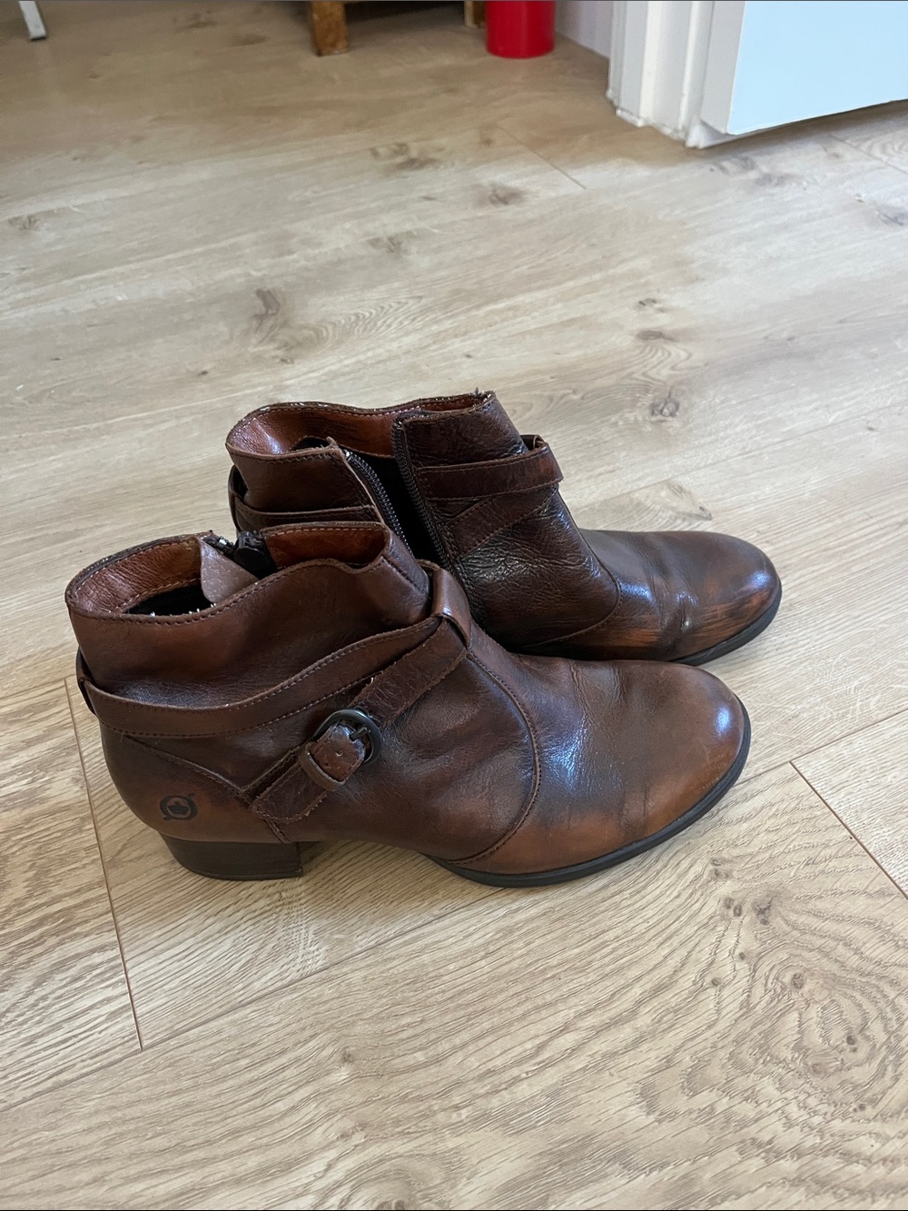 Born Brown  Kyndra Side-Zipper  Leather Ankle Booties with Buckle  Size 7M